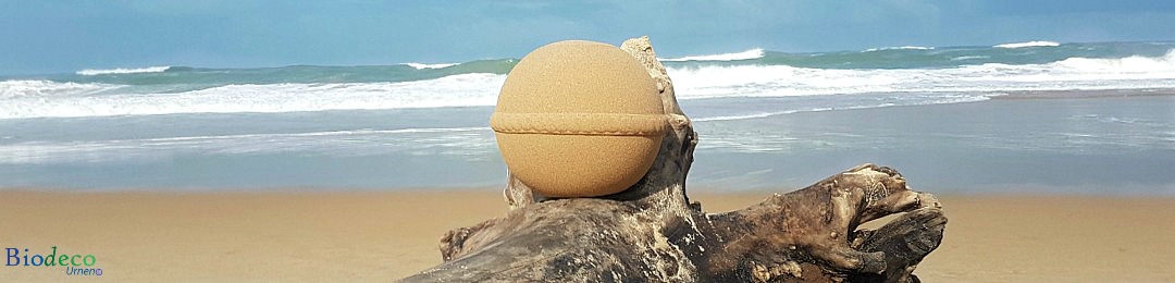 Biologisch afbreekbare zee-urn op aangespoeld drijfhout op het strand, voor een asbijzetting in de Atlantische oceaan